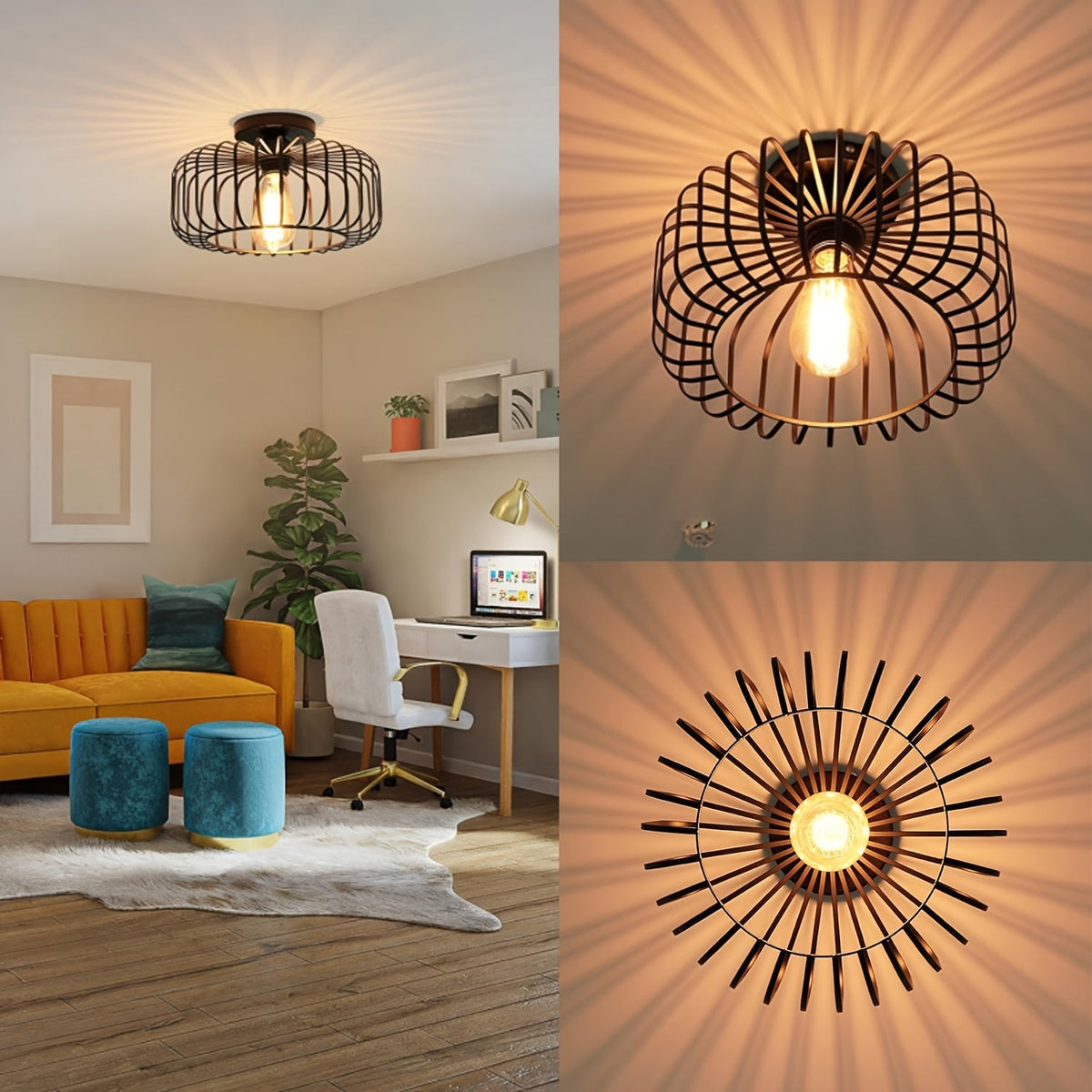 Schwarze Deckenlampe mit runder Metallschirm und E27 Fassung