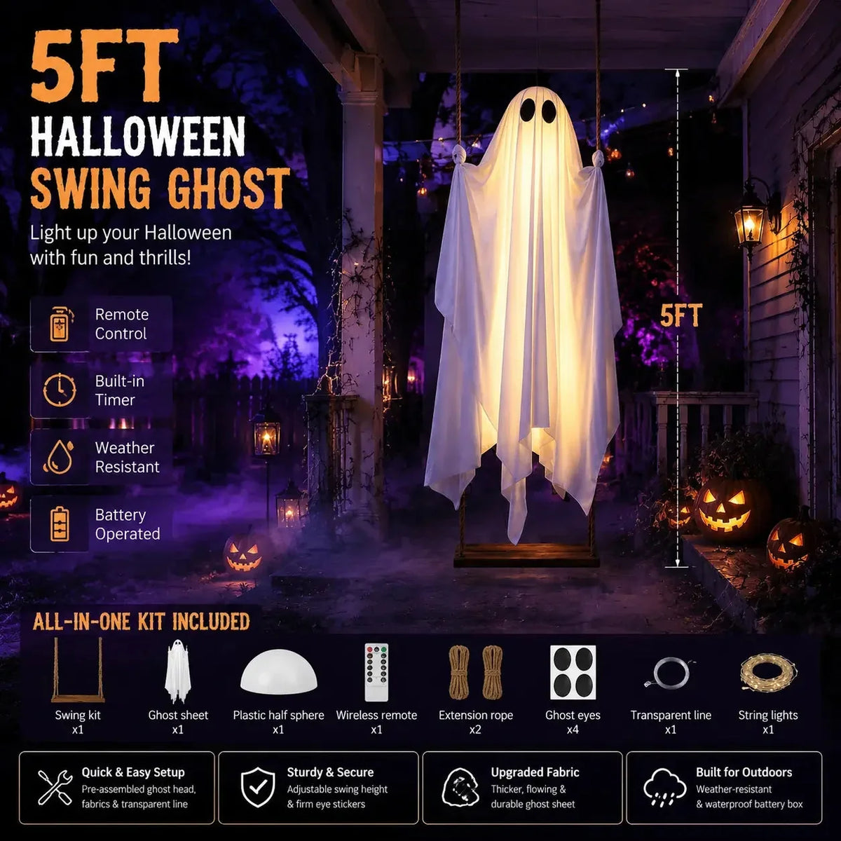 Leuchtende Halloween Geist Dekoration mit Bewegung und Fernbedienung