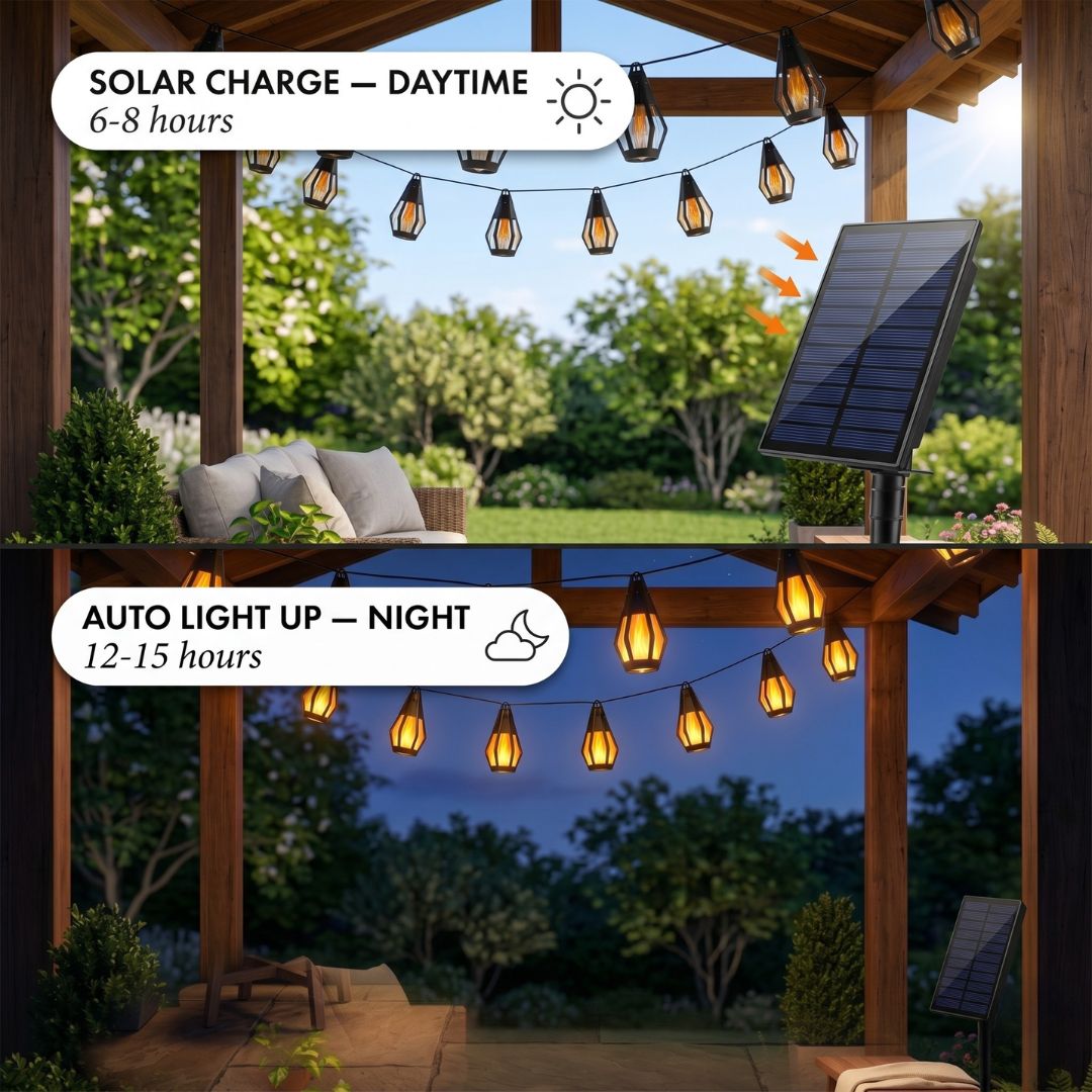 Solare LED-Lichterkette mit Flammeneffekt – 10 Laternen, IP65, 6,4 m