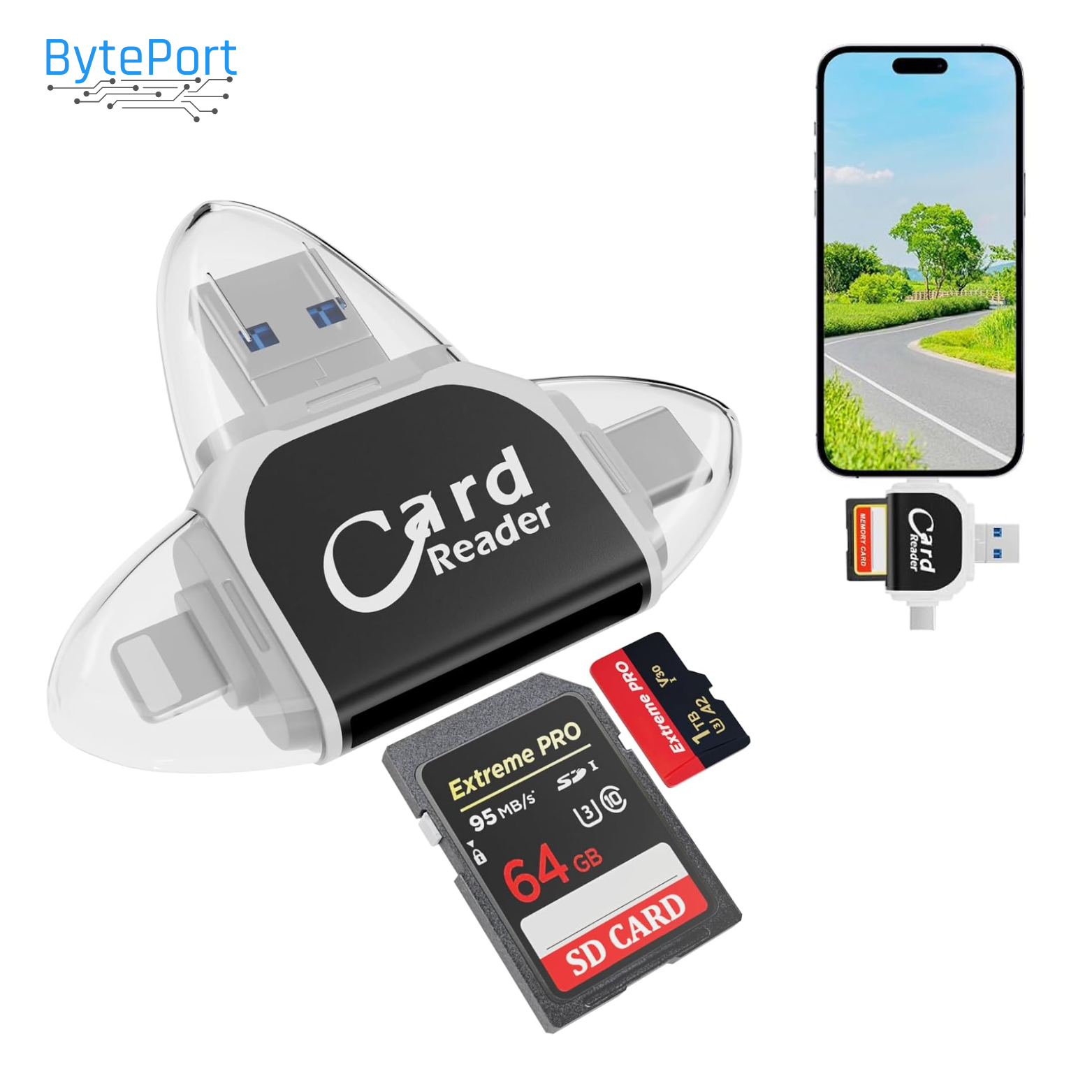 4-in-1 SD-Kartenleser USB-C Lightning für iPhone Android Laptop