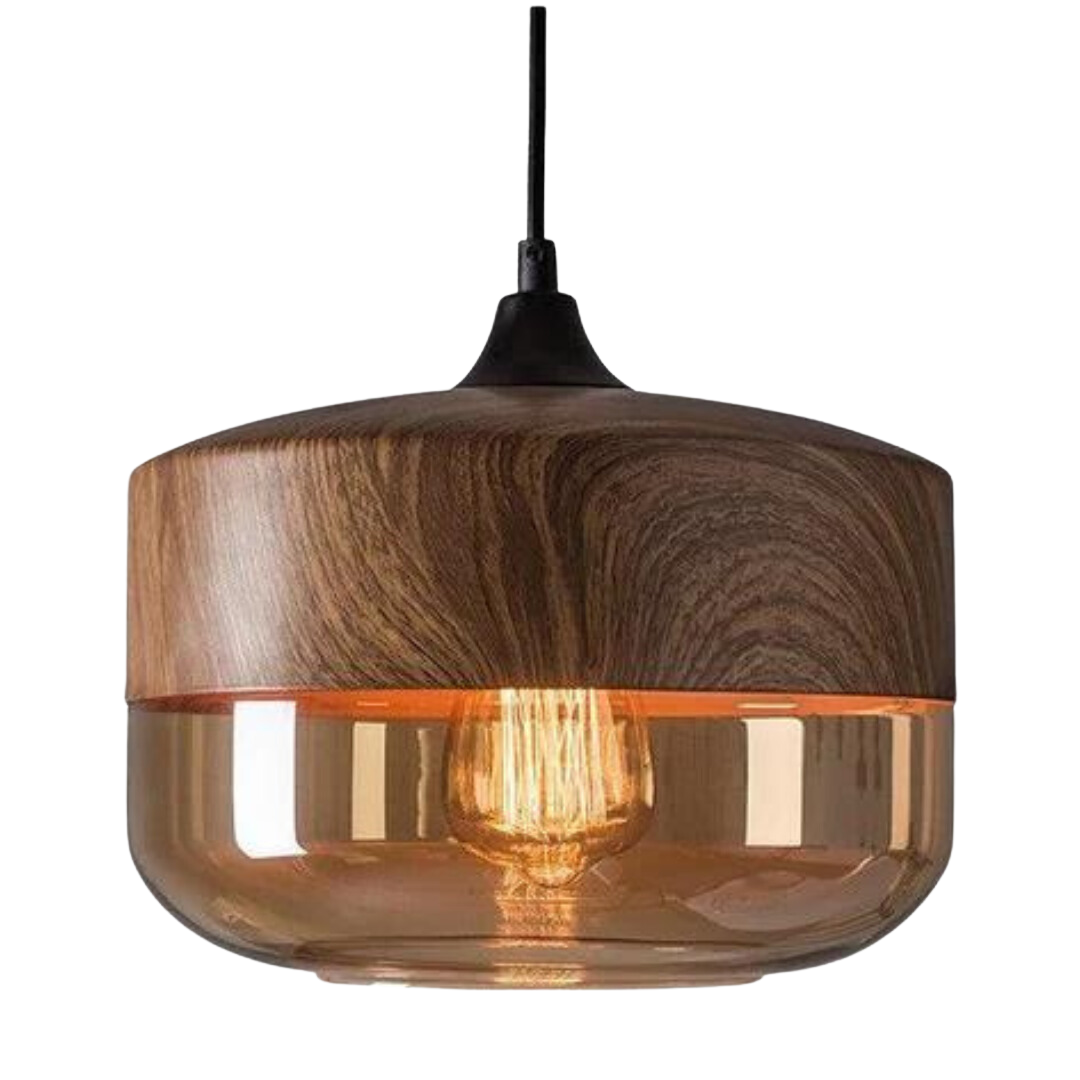 Skandinavische Pendelleuchte aus Metall und Glas mit Holzoptik