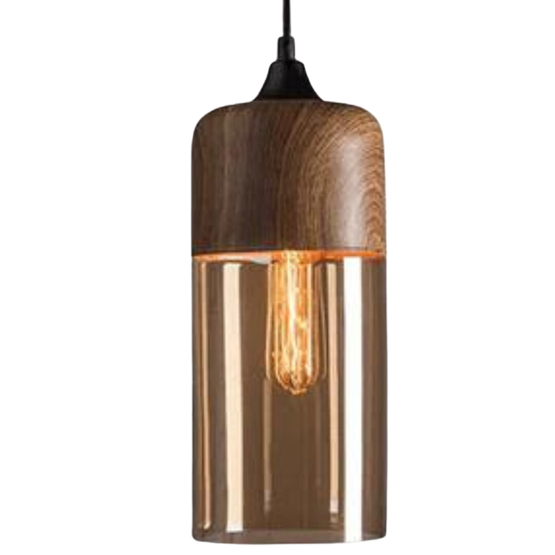 Skandinavische Pendelleuchte aus Metall und Glas mit Holzoptik