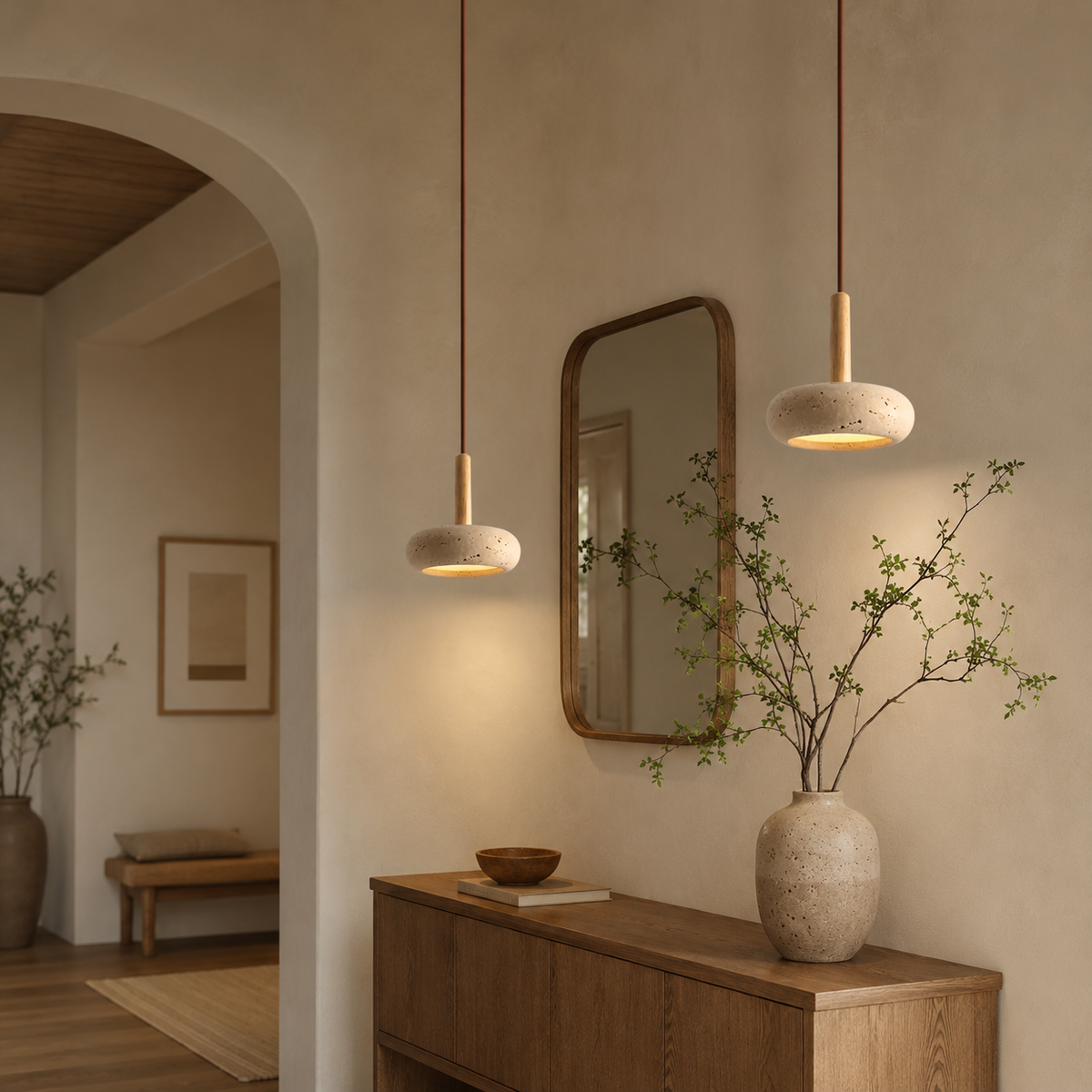 LED Hängeleuchte Japanischer Stil Naturstein Holz Warmweiß Ø15cm
