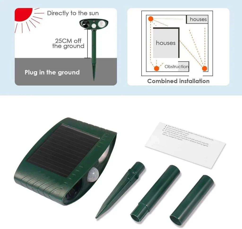 Solarbetriebener Ultraschall Tierabwehrer für Garten mit Bewegungsmelder