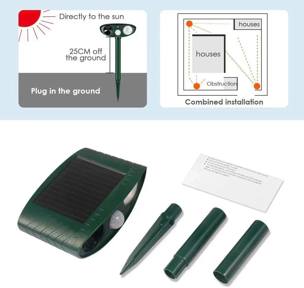 Solarbetriebener Ultraschall-Tiervertreiber mit Bewegungsmelder für den Garten