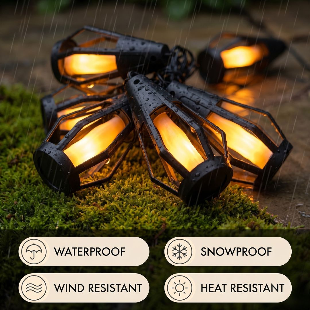Solare LED-Lichterkette mit Flammeneffekt – 10 Laternen, IP65, 6,4 m
