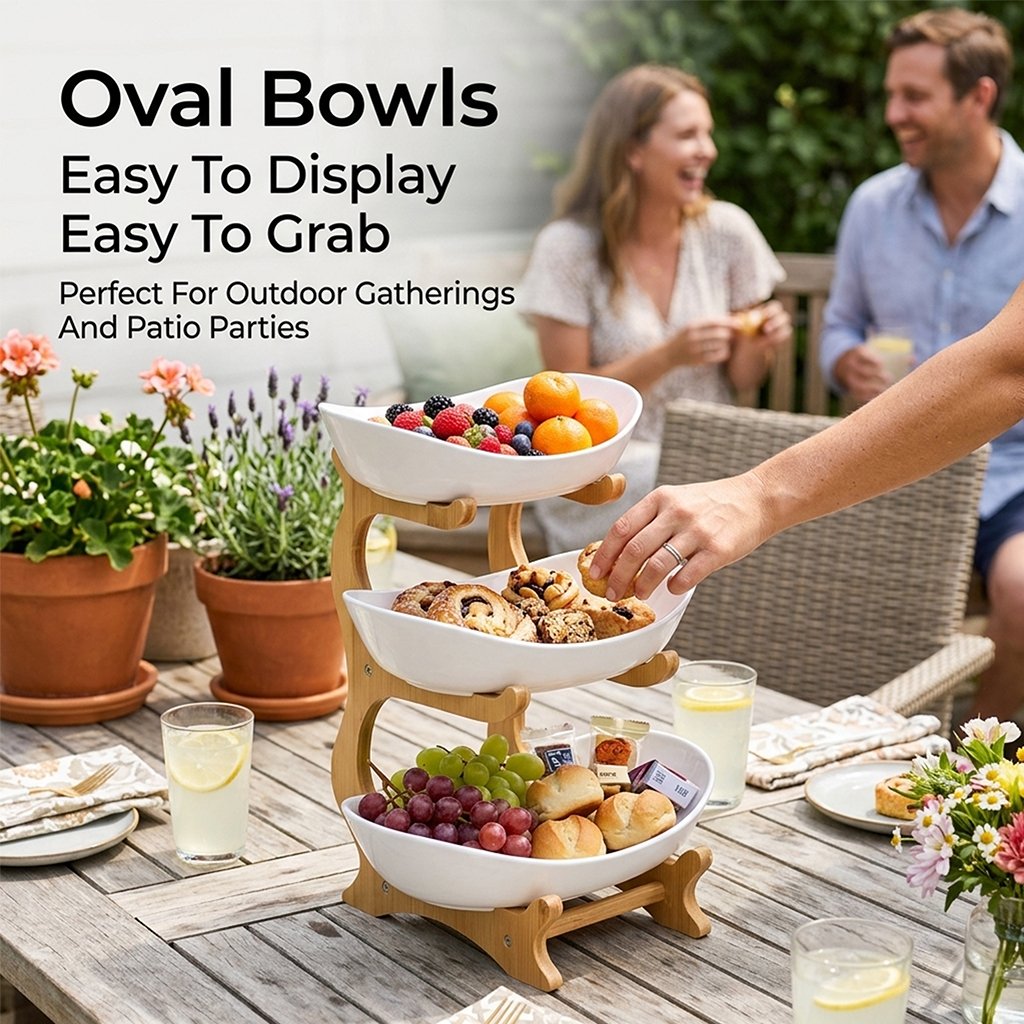 Obstschale 3 Etagen mit Bambusgestell – Platzsparender Obst Etagere
