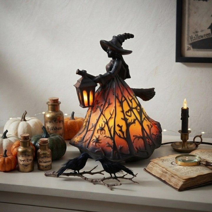 Hexen-Dekoleuchte mit Laterne – stimmungsvolles LED-Licht für Herbst