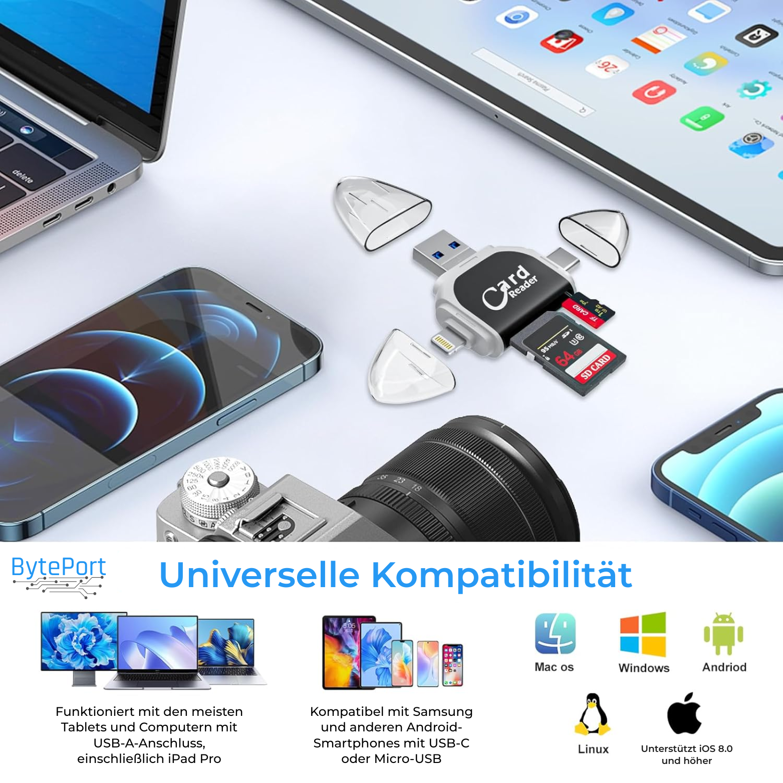 4-in-1 SD-Kartenleser USB-C Lightning für iPhone Android Laptop