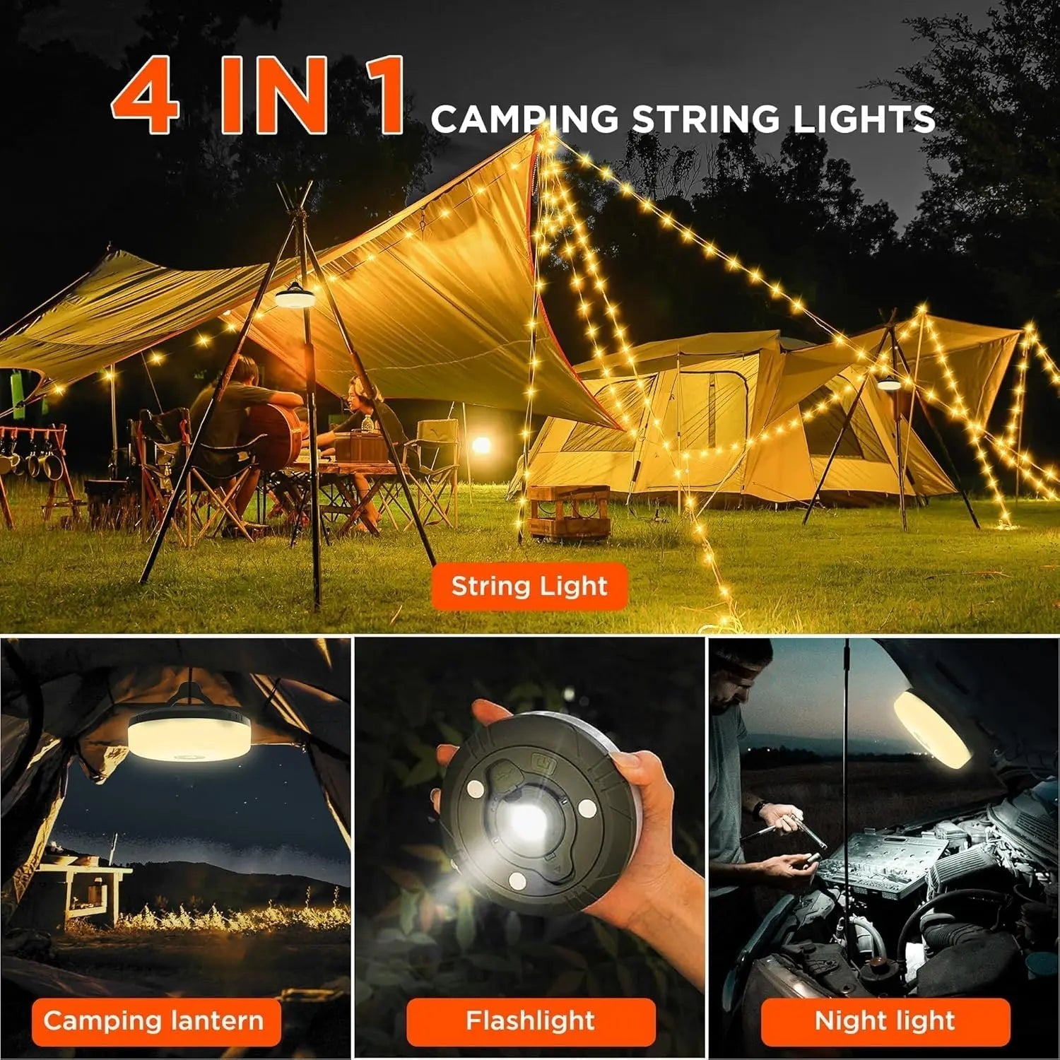 4-in-1 Campinglampe mit RGB-Licht, Taschenlampe und Powerbank