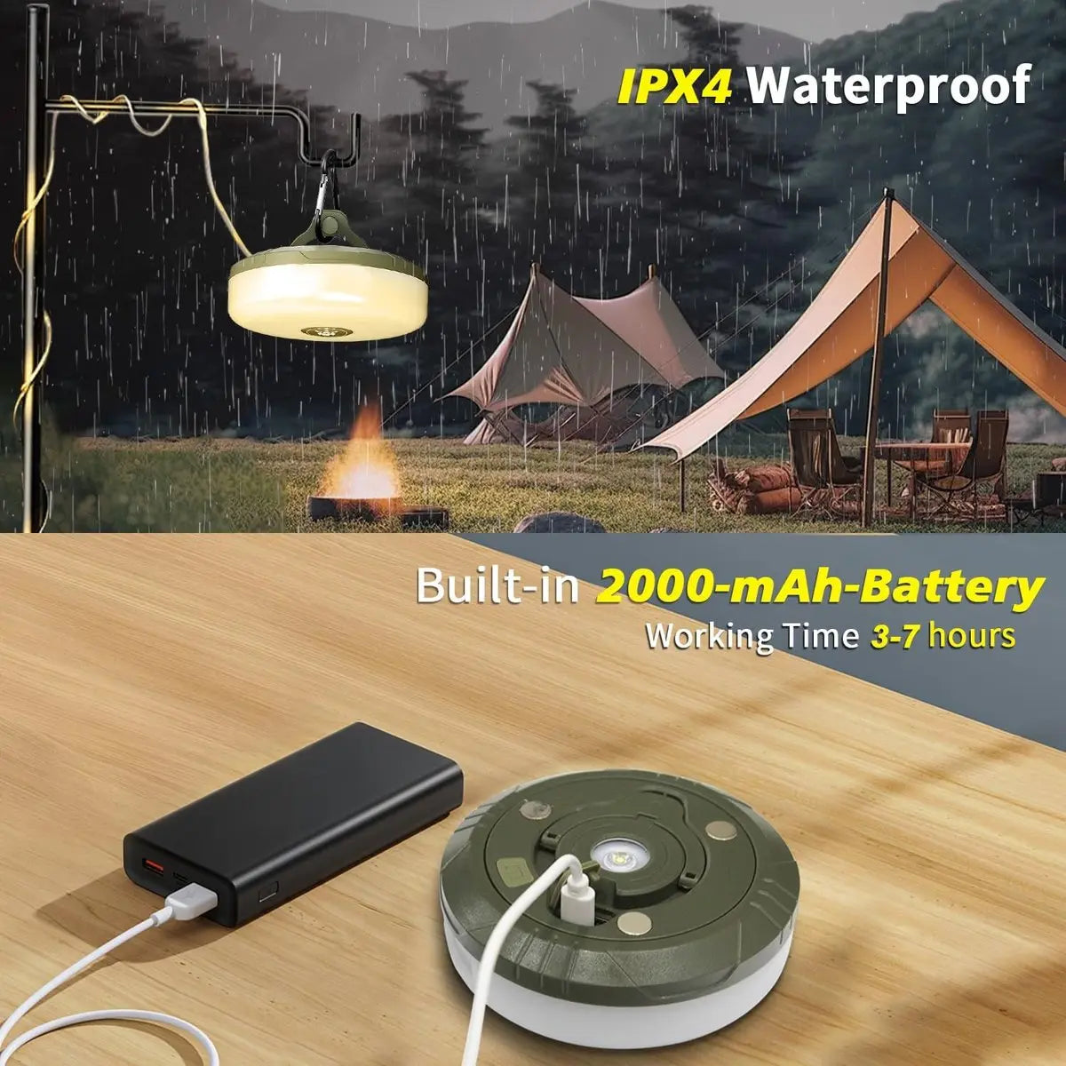 4-in-1 Campinglampe mit RGB-Licht, Taschenlampe und Powerbank