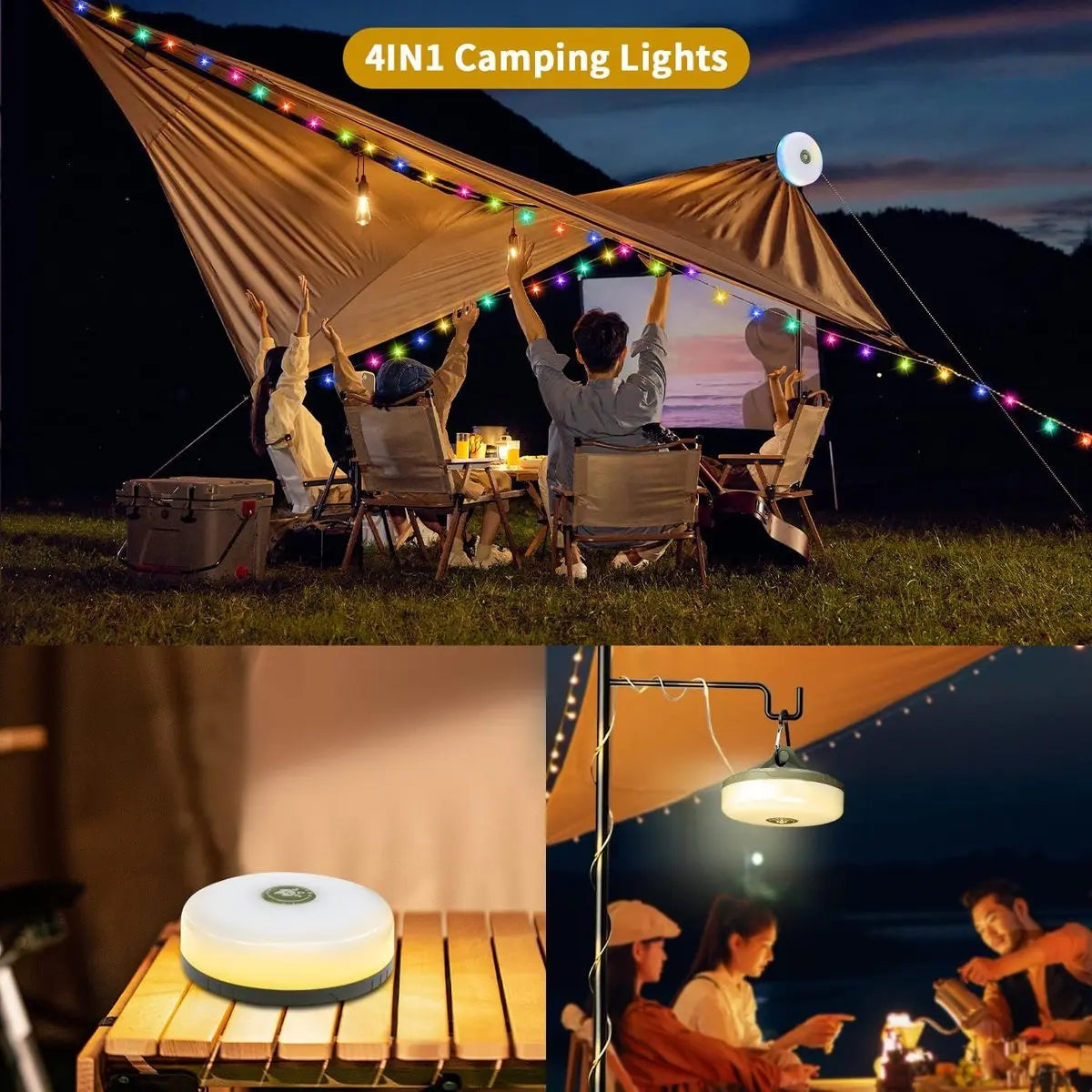 4-in-1 Campinglampe mit RGB-Licht, Taschenlampe und Powerbank