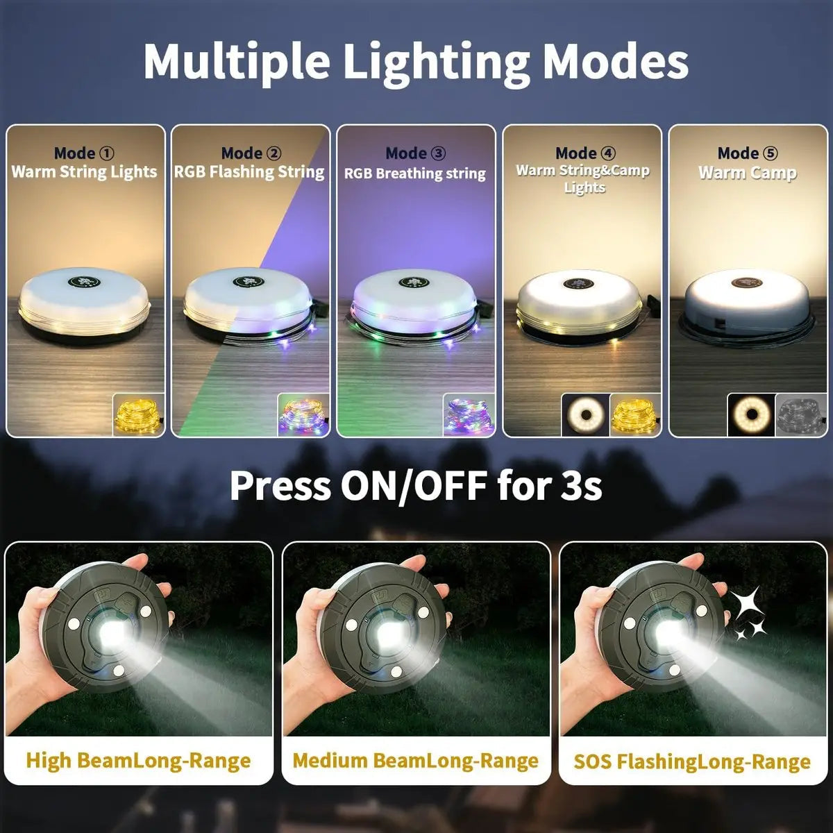 4-in-1 Campinglampe mit RGB-Licht, Taschenlampe und Powerbank