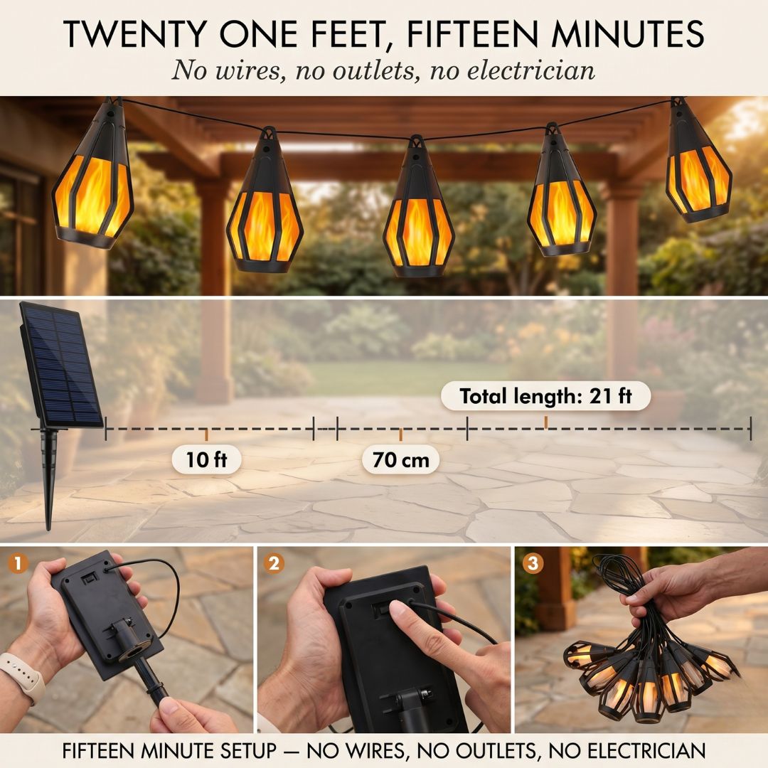 Solare LED-Lichterkette mit Flammeneffekt – 10 Laternen, IP65, 6,4 m