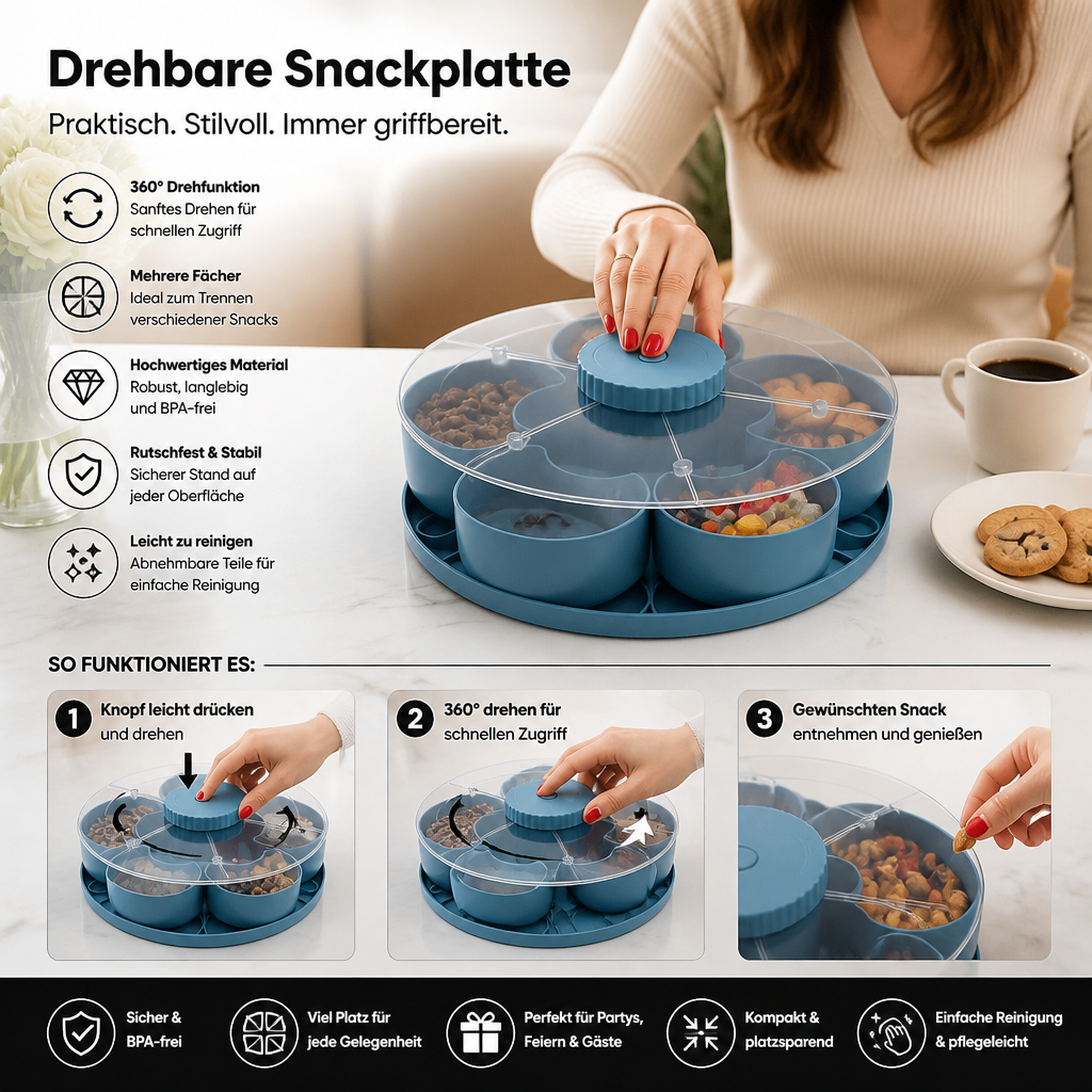 Drehbares Serviertablett mit Fächern – 360° Snack-Organizer für Partys