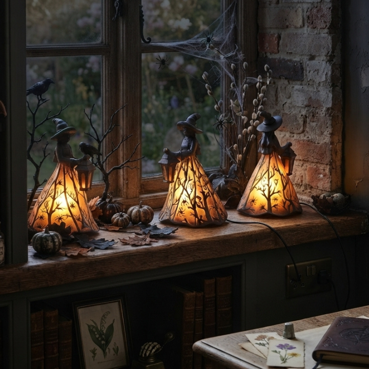 Hexen-Dekoleuchte mit Laterne – stimmungsvolles LED-Licht für Herbst