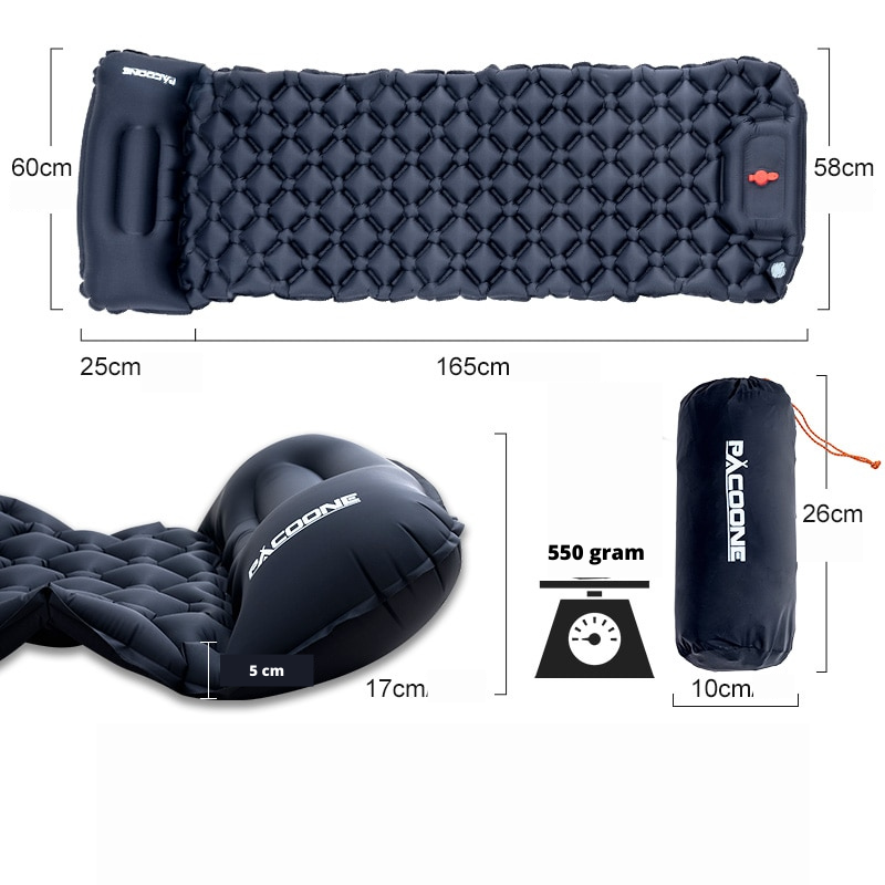 Aufblasbare Schlafmatte mit integrierter Pumpe und Kissen