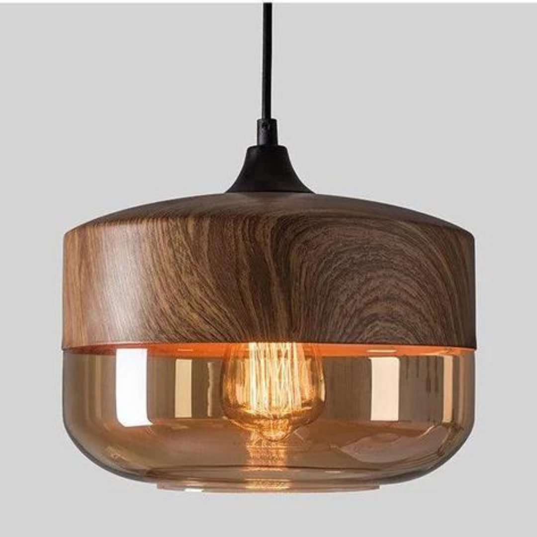 Skandinavische Pendelleuchte aus Metall und Glas mit Holzoptik