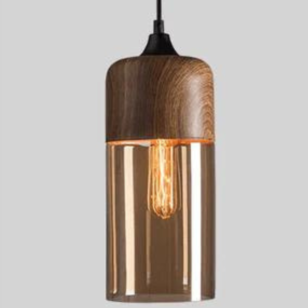 Skandinavische Pendelleuchte aus Metall und Glas mit Holzoptik