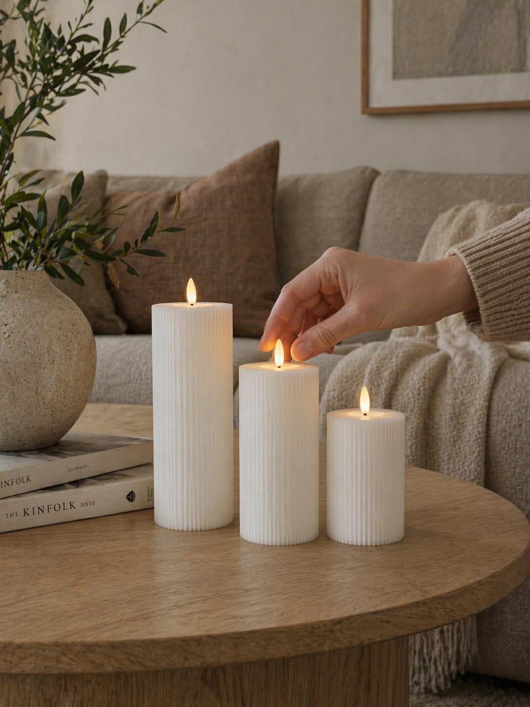 Kerzen Set 3-teilig geriffelt mit Touch-Funktion – warmweißes Licht