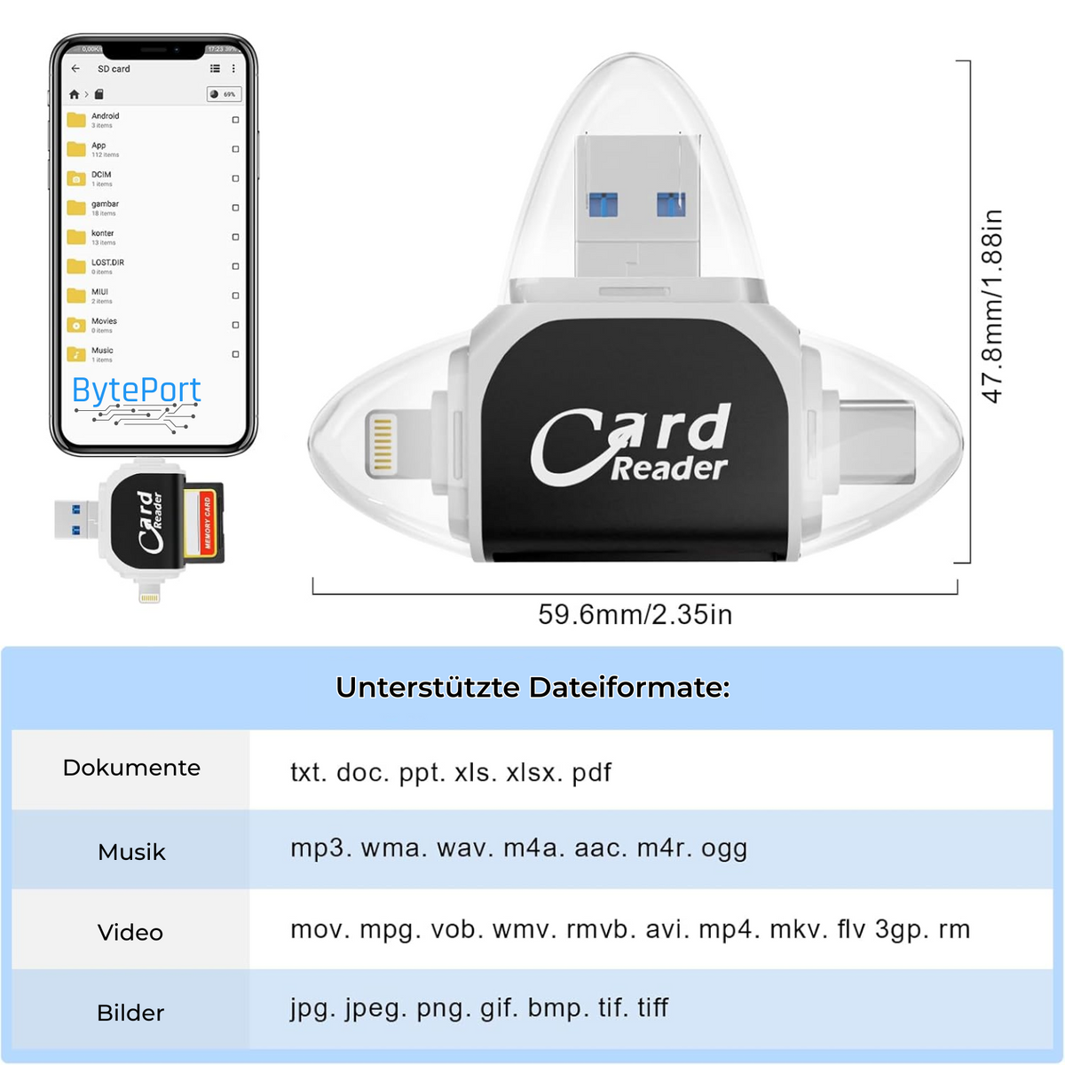 4-in-1 SD-Kartenleser USB-C Lightning für iPhone Android Laptop