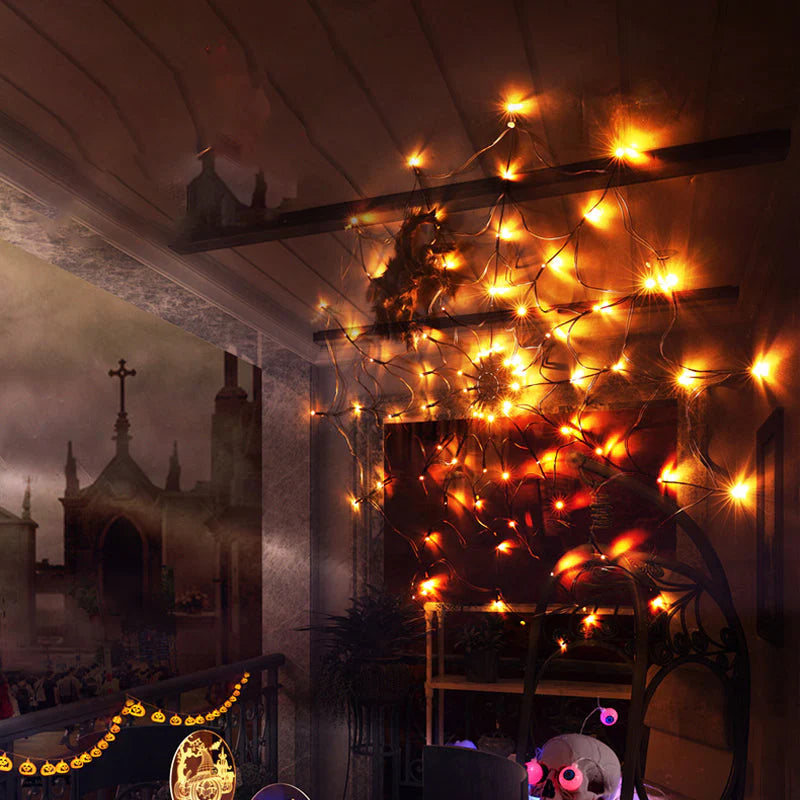 Spinnennetz Lichterkette mit LED & Fernbedienung – Halloween Deko Innen & Außen