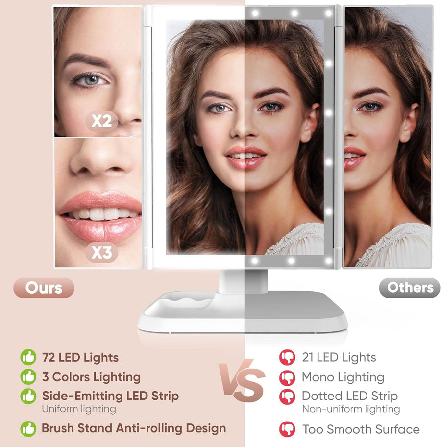LED Schminkspiegel mit 3 Feldern - Klappbar mit Touch-Steuerung