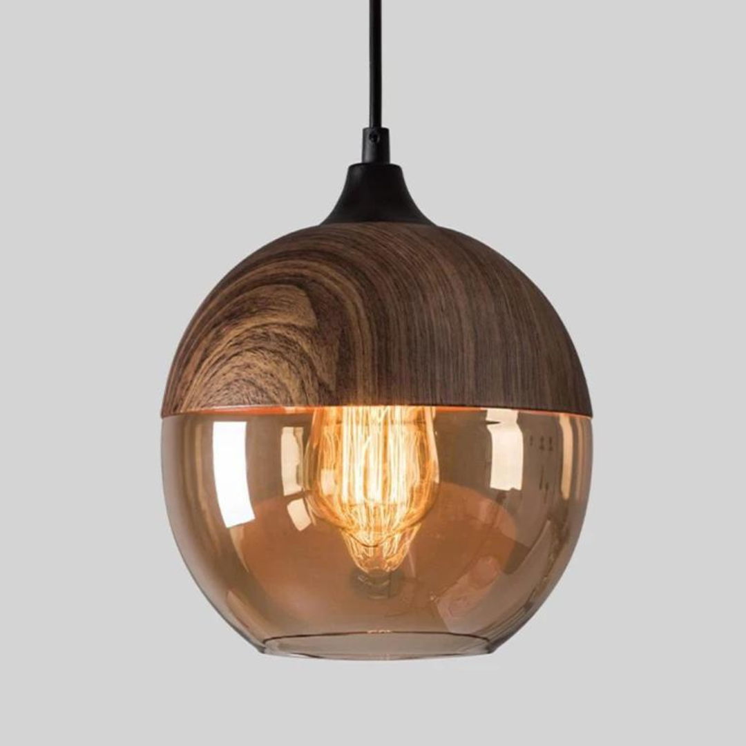 Skandinavische Pendelleuchte aus Metall und Glas mit Holzoptik