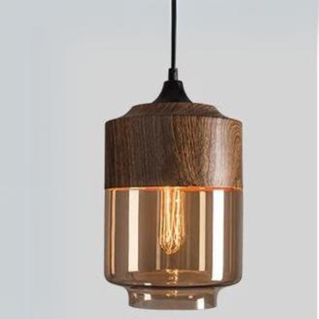 Skandinavische Pendelleuchte aus Metall und Glas mit Holzoptik