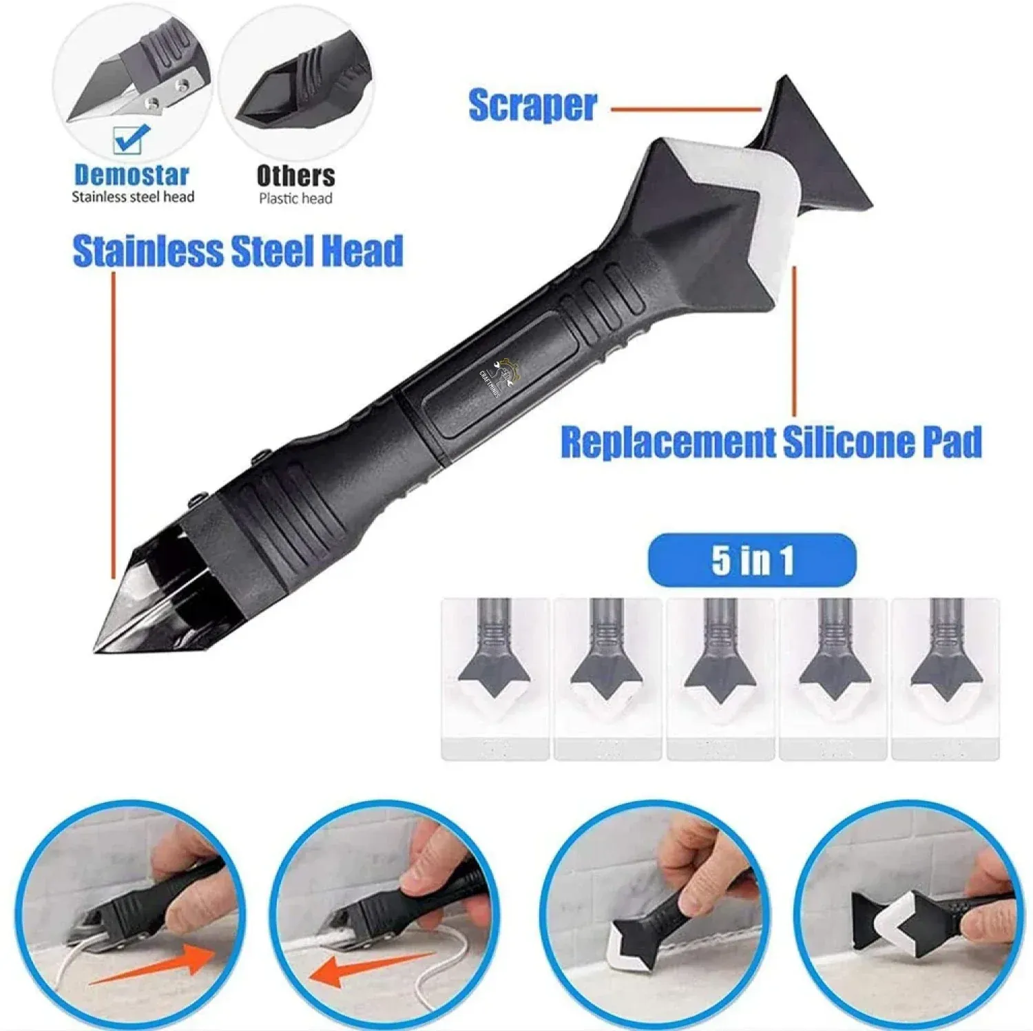 3-in-1 Silikon-Fugenglätter mit 5 Glättspitzen & Fugenentferner