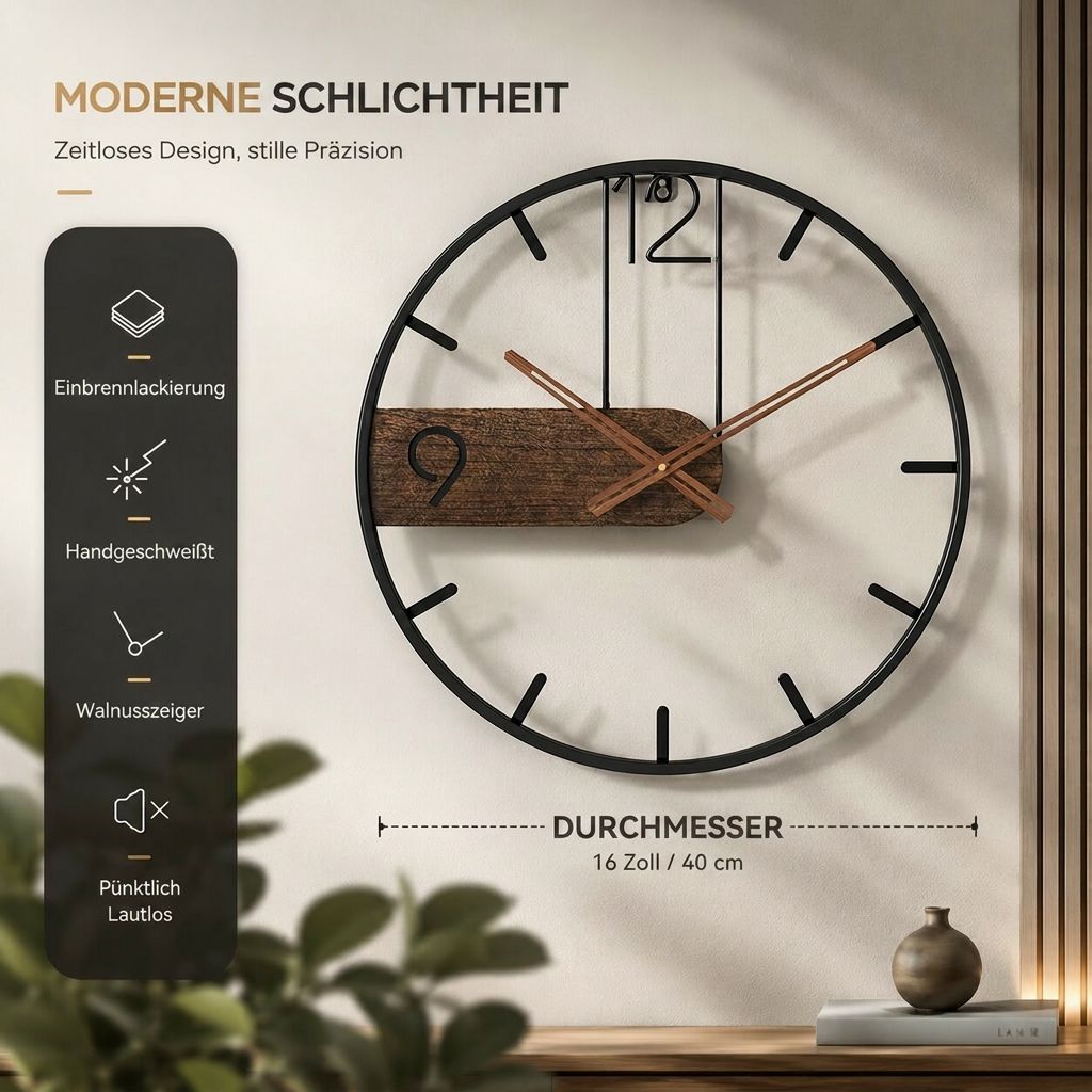 Wanduhr Walnussholz Edelstahl – modernes minimalistisches Design