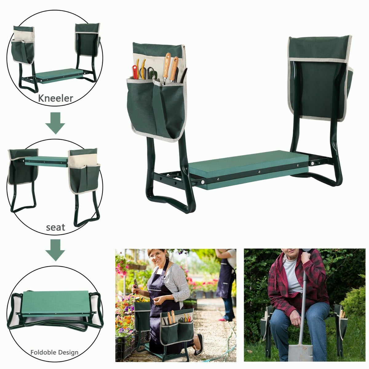 Ergonomischer Kniesitz für die Gartenarbeit – klappbar mit Seitentaschen