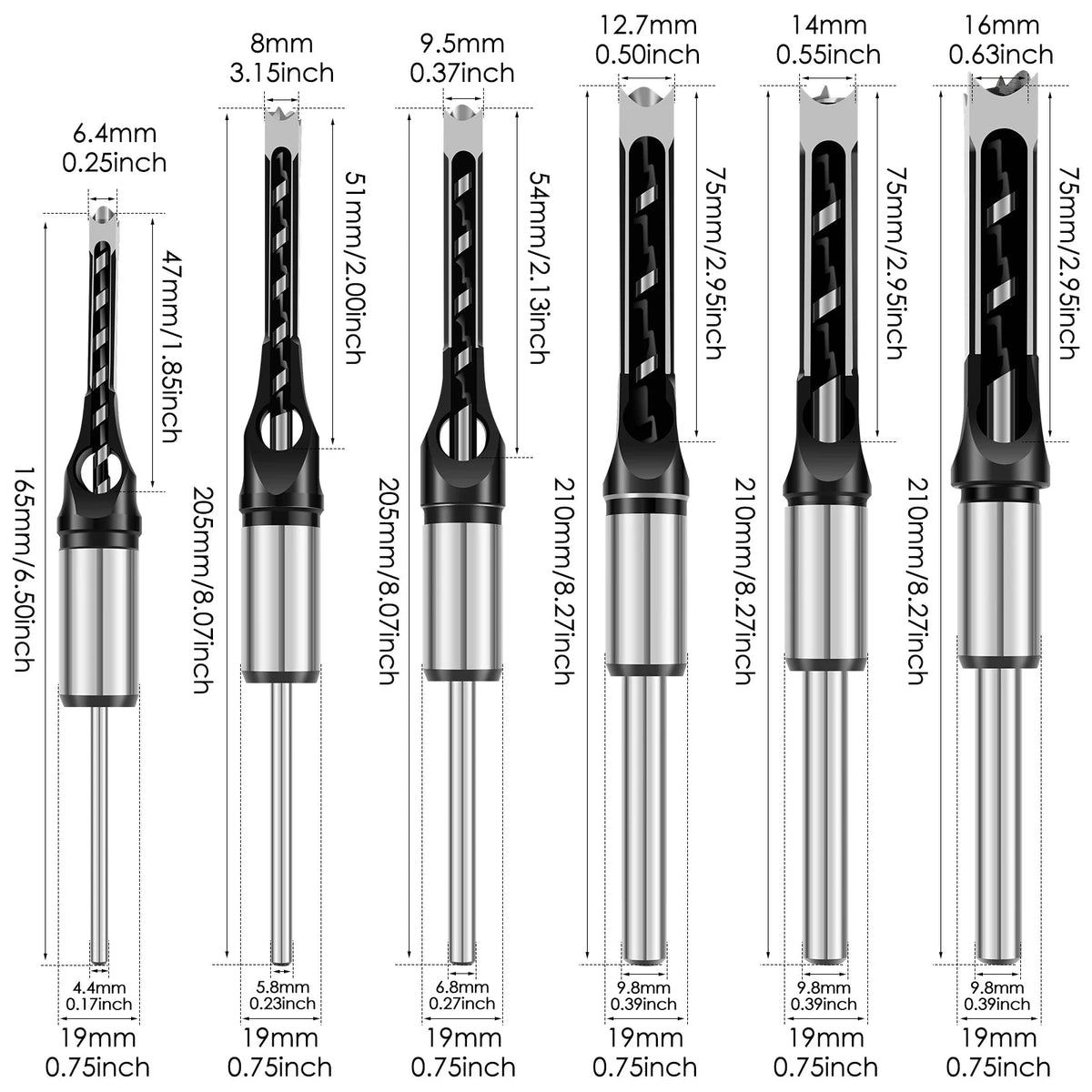 Stemmeisen-Adapteraufsätze für Zapfenlöcher – 8 Aufsätze 6–16 mm