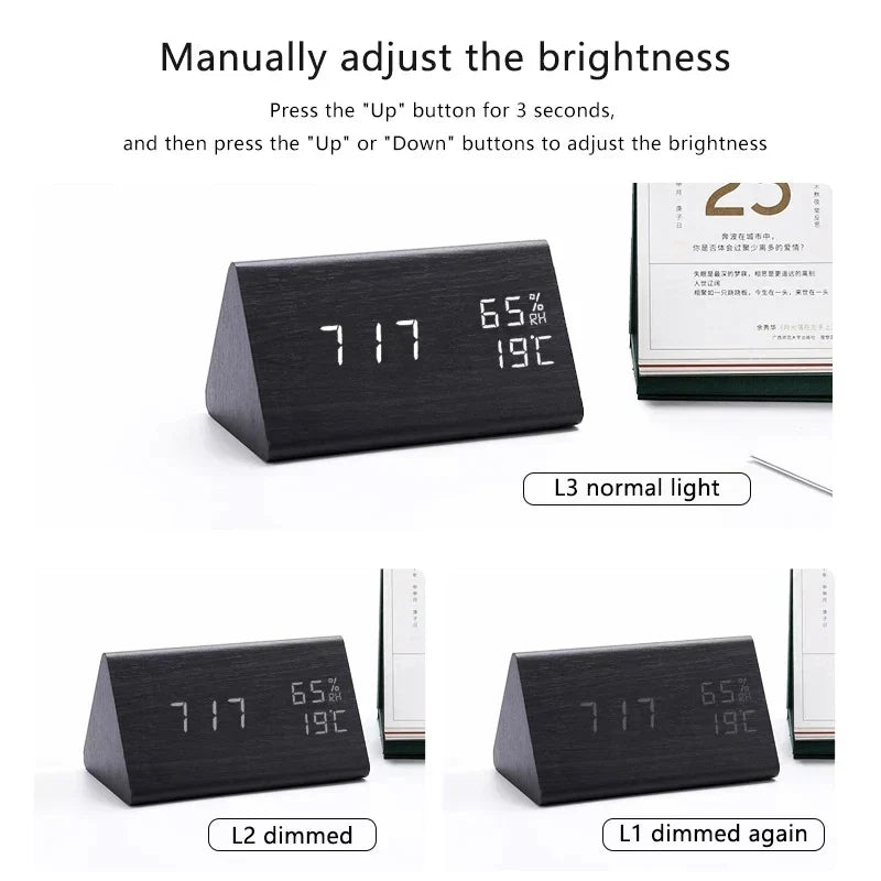 Digitaler LED-Wecker mit Holzoptik und Temperaturanzeige