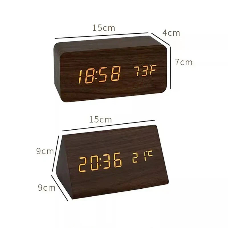 Digitaler LED-Wecker mit Holzoptik und Temperaturanzeige