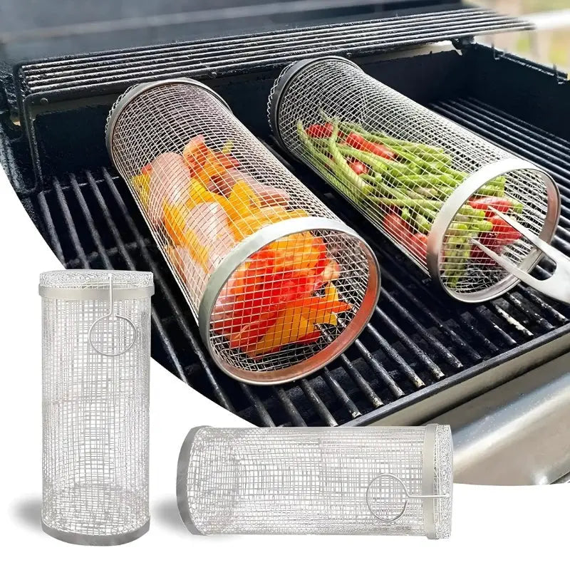 Grillkorb Edelstahl zylindrisch für Gemüse und kleine Grillgüter