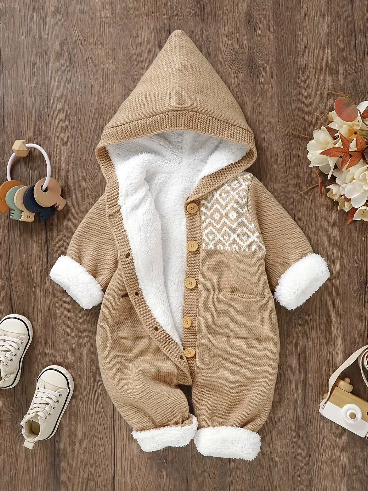 Strampler mit Kapuze – weicher Strick für Herbst und Winter