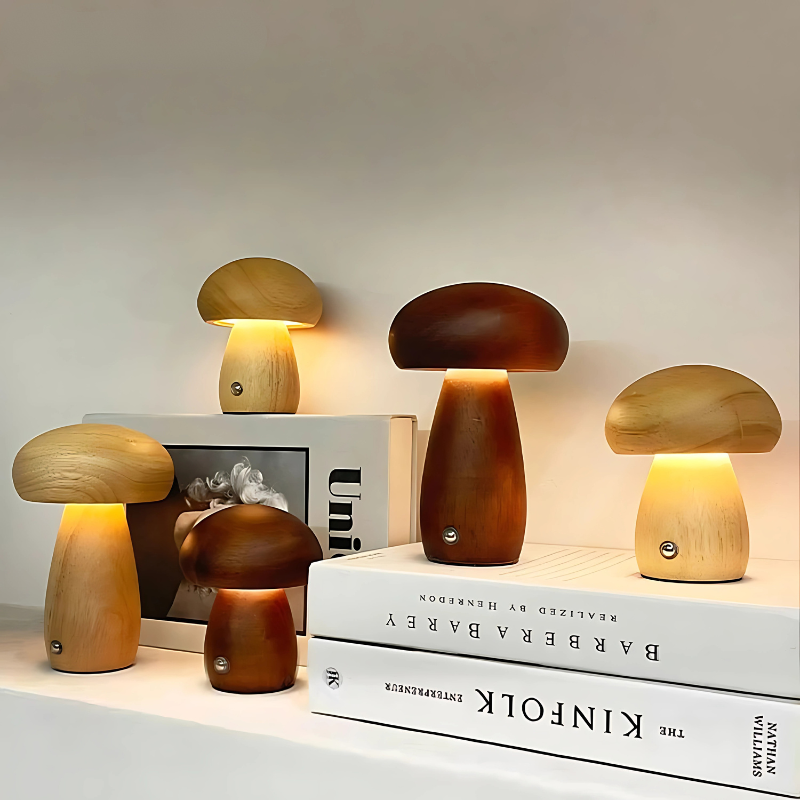 Pilz-Nachtlicht aus Holz – dimmbar und USB-aufladbar