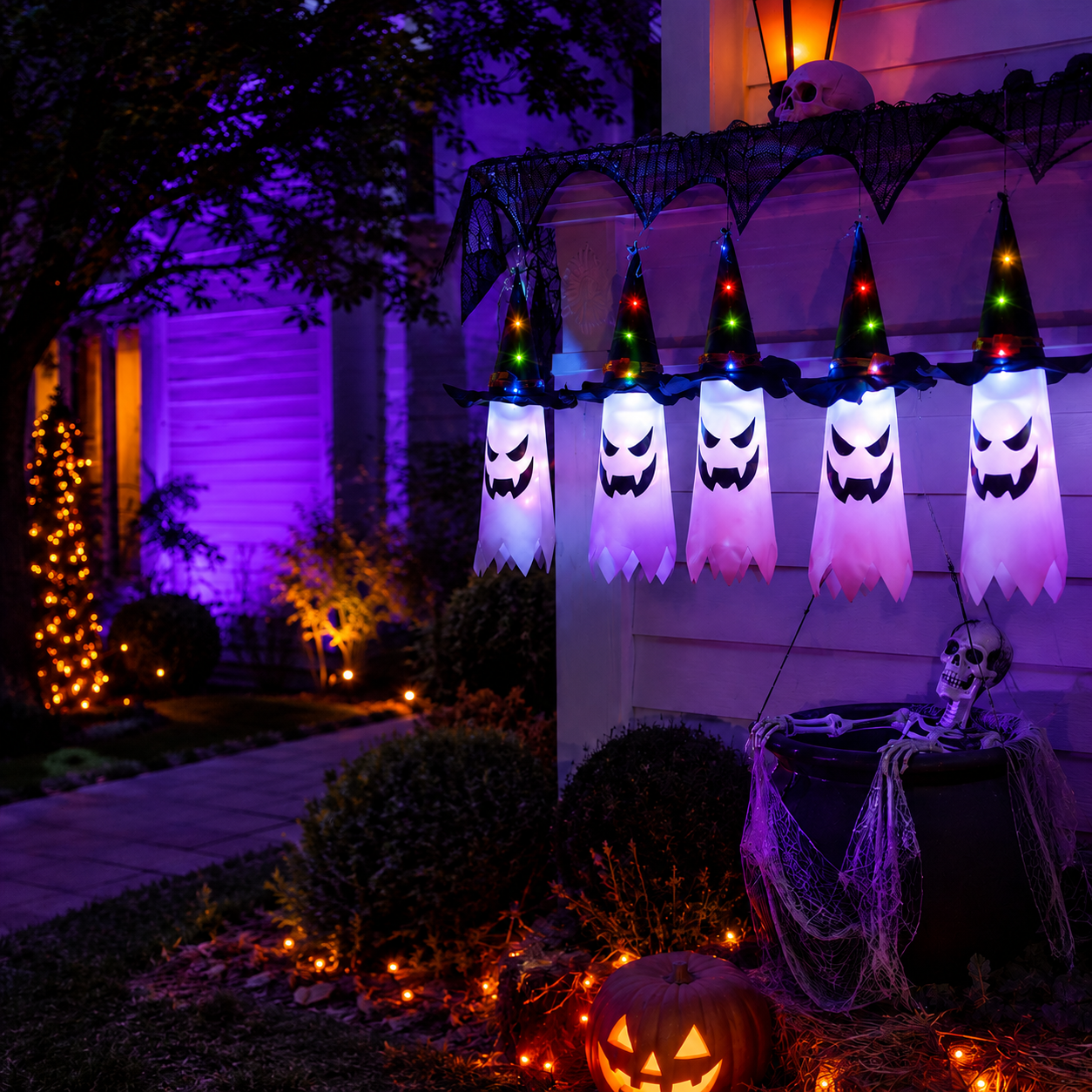 Halloween Lichterkette mit Geisterlaternen – 5 LED Geister warmweiß