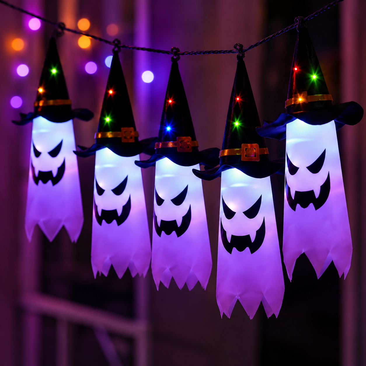 Halloween Lichterkette mit Geisterlaternen – 5 LED Geister warmweiß