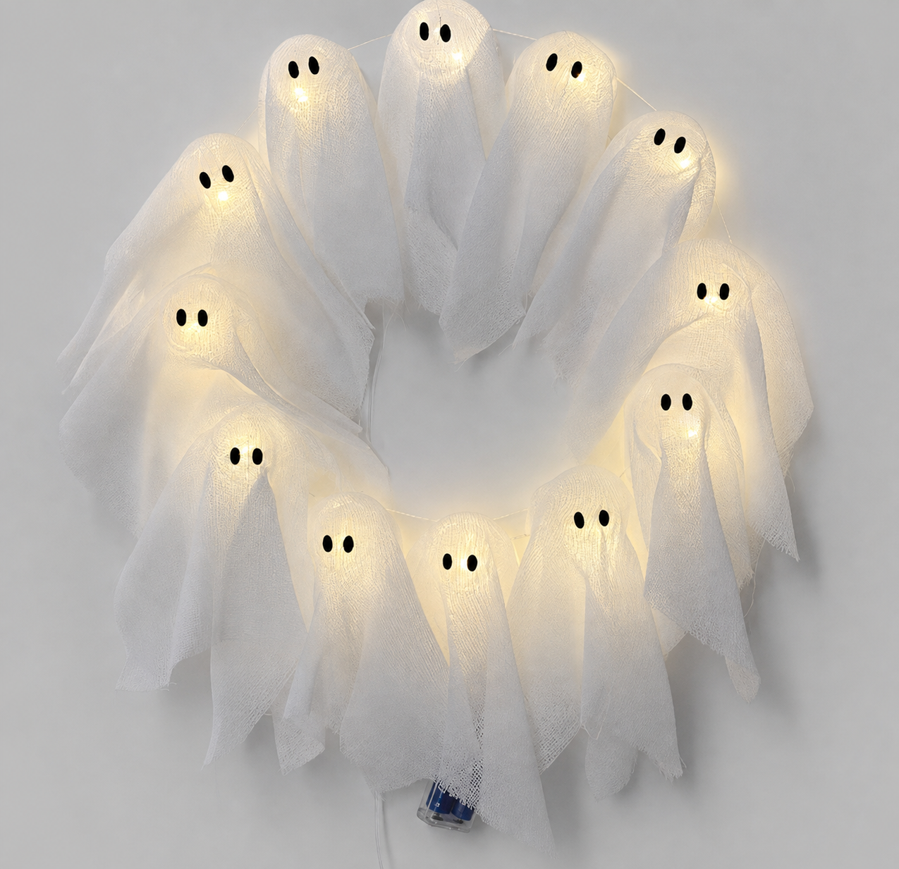 Halloween Kranz mit LED Beleuchtung – 12 leuchtende Geister, 31 cm
