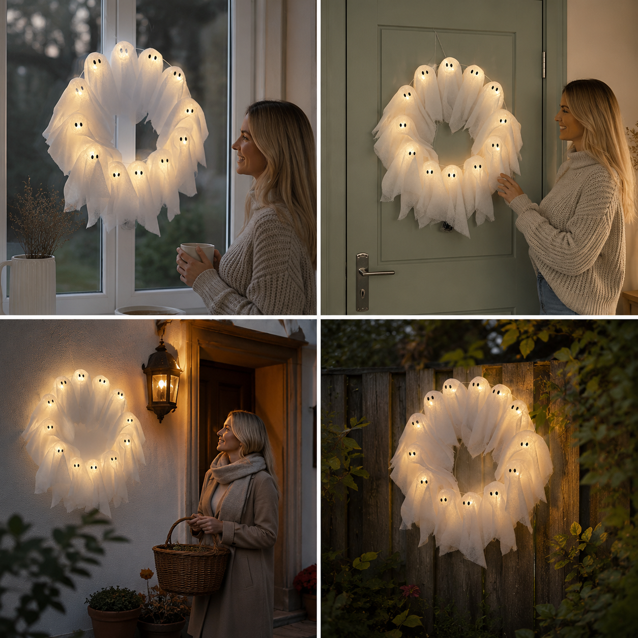 Halloween Kranz mit LED Beleuchtung – 12 leuchtende Geister, 31 cm