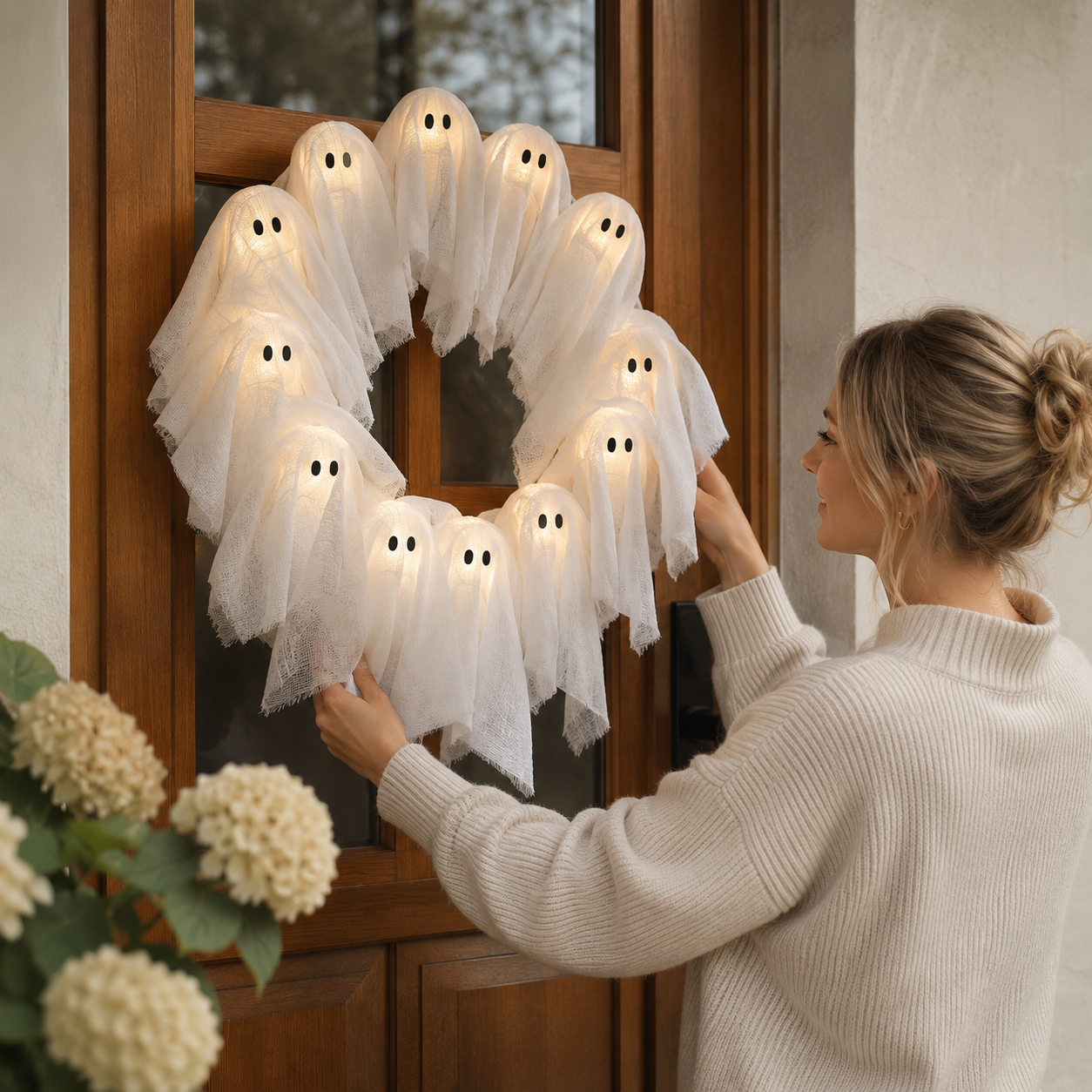 Halloween Kranz mit LED Beleuchtung – 12 leuchtende Geister, 31 cm