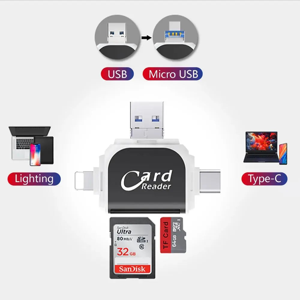 4-in-1 Universal Kartenleser USB-C Lightning SD Micro SD