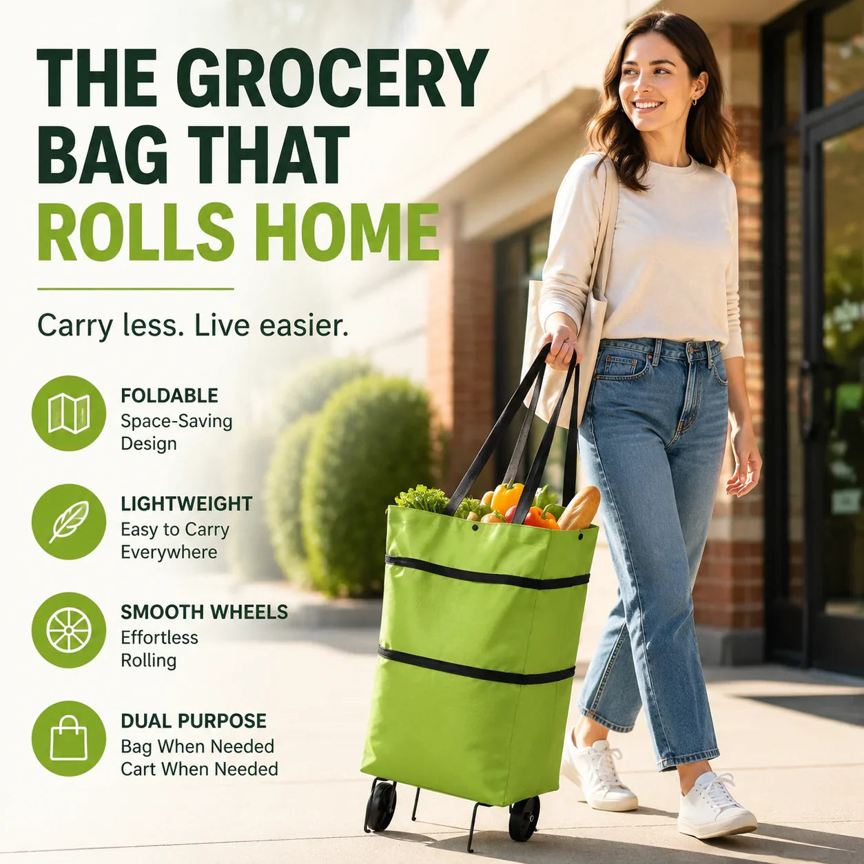 Faltbare Einkaufstasche mit Rollen – 2-in-1 Tragetasche und Trolley