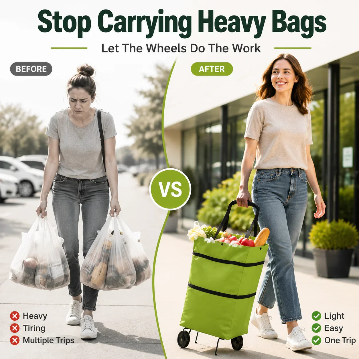 Faltbare Einkaufstasche mit Rollen – 2-in-1 Tragetasche und Trolley