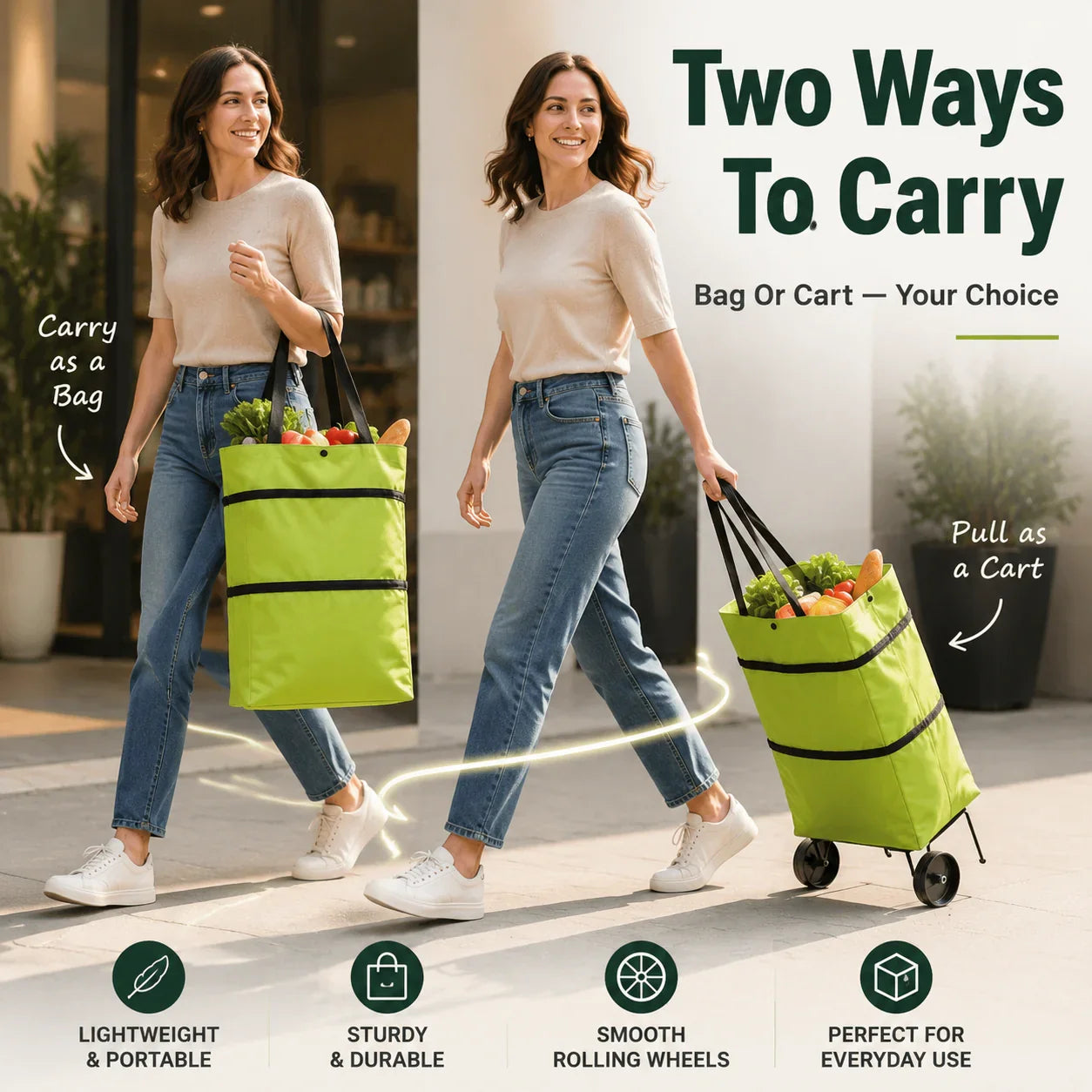 Faltbare Einkaufstasche mit Rollen – 2-in-1 Tragetasche und Trolley