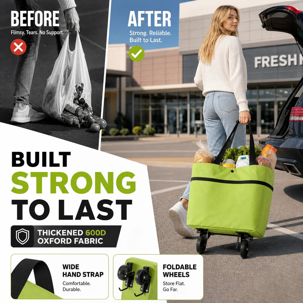Faltbare Einkaufstasche mit Rollen – 2-in-1 Tragetasche und Trolley
