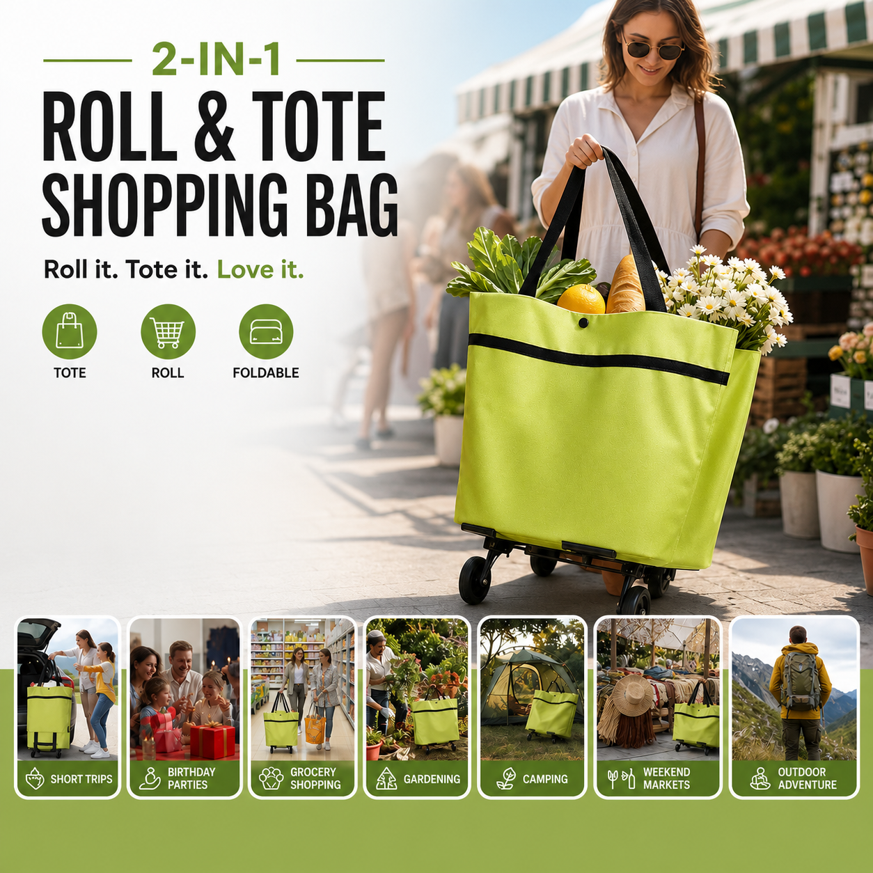 Faltbare Einkaufstasche mit Rollen – 2-in-1 Tragetasche und Trolley