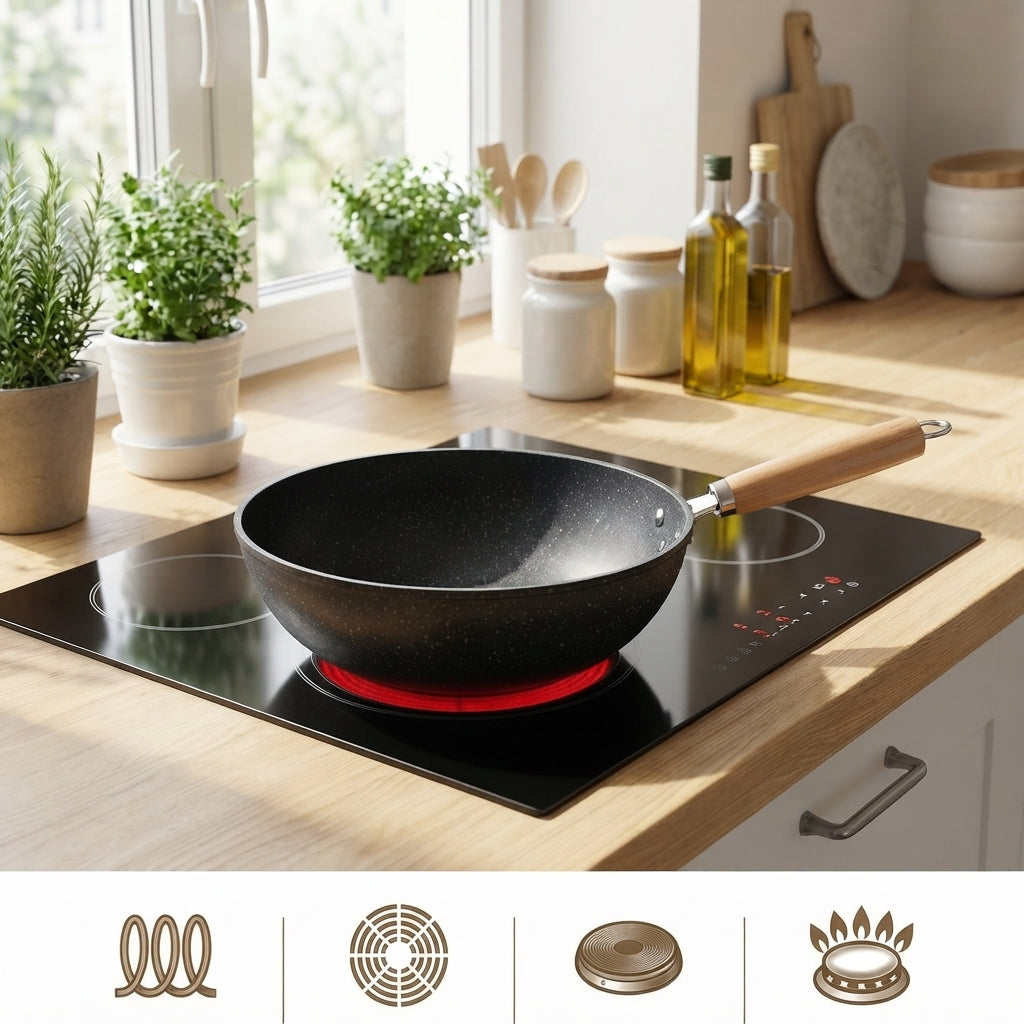 Keramik-Wok mit Glasdeckel und Holzgriff für alle Herdarten